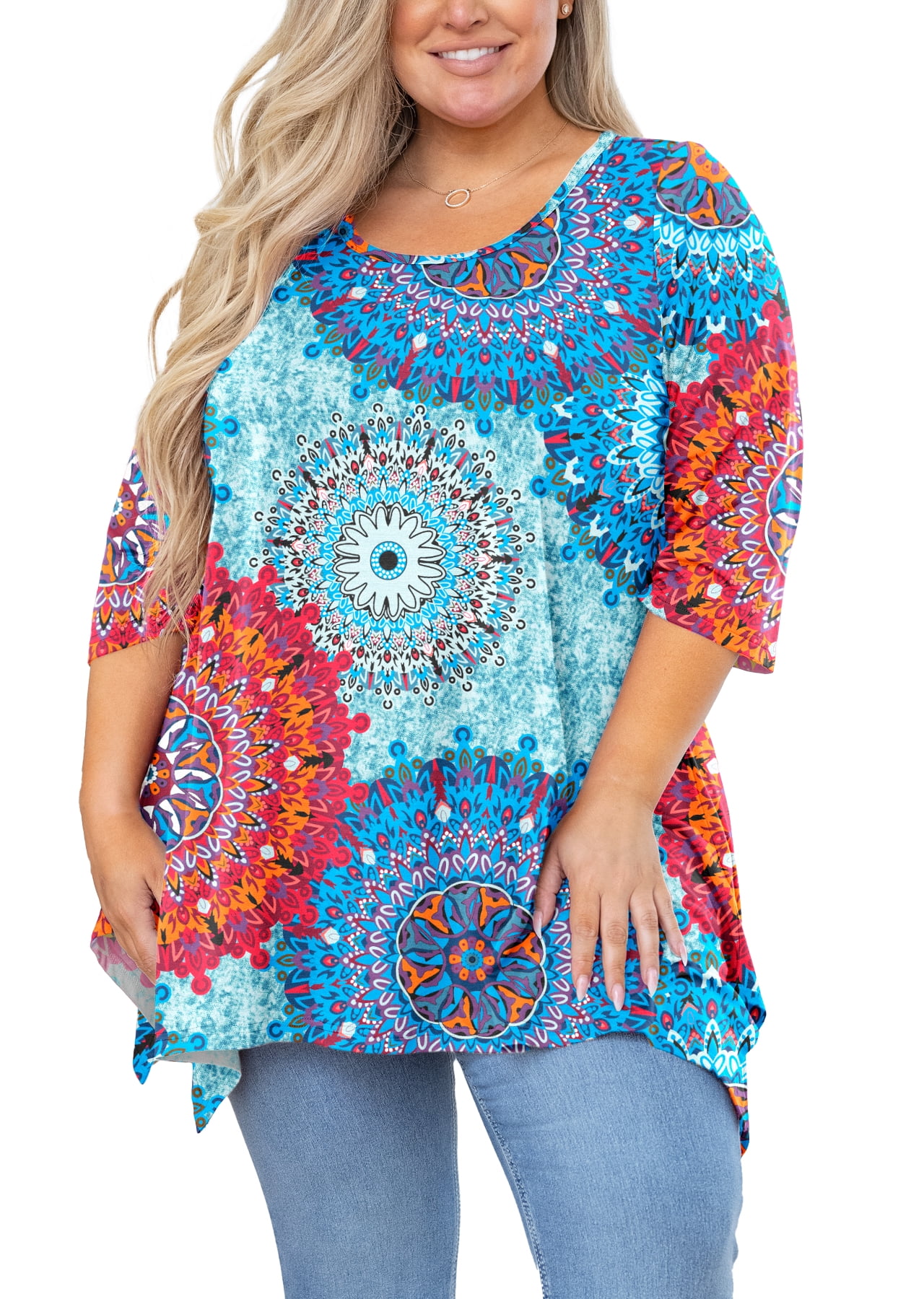SHOWMALL Plus Size Tunics for Women 3/4 Sleeve Blouse Swing Top Floral Blue 5X Clothing Crewneck Maternity Loose Fitting Clothes - Walmart.com