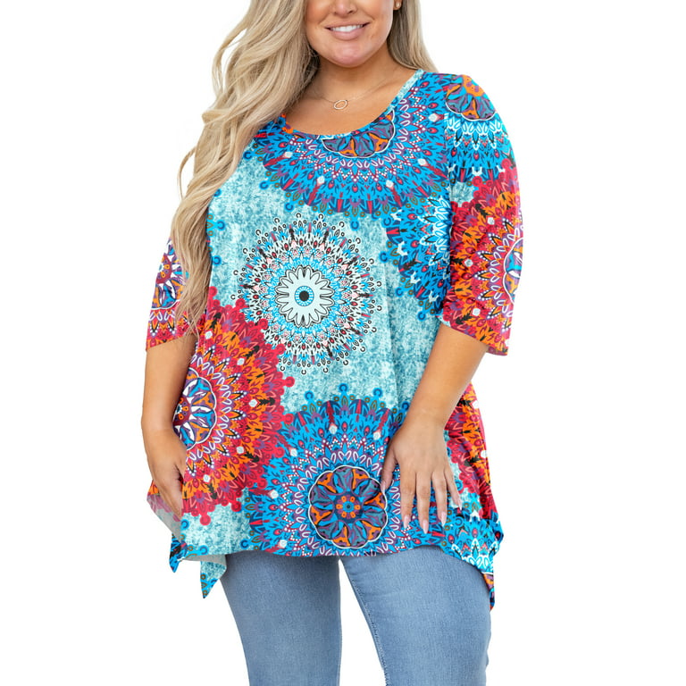 SHOWMALL Plus Size Tunics Women 3/4 Sleeve Blouse Swing Top Floral Mix Blue 3X Clothing Crewneck Maternity Loose Fitting Clothes - Walmart.com