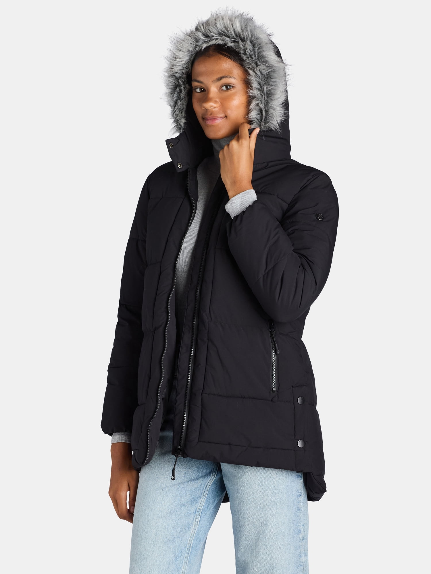 Big Chill Women's and Women's Plus Wide Quilted Puffer Coat with Faux Fur Trim Hood, Sizes S-3X