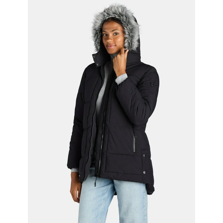 Big Chill Women s and Women s Plus Wide Quilted Puffer Coat with Faux Fur Trim Hood Sizes S 3X Walmart