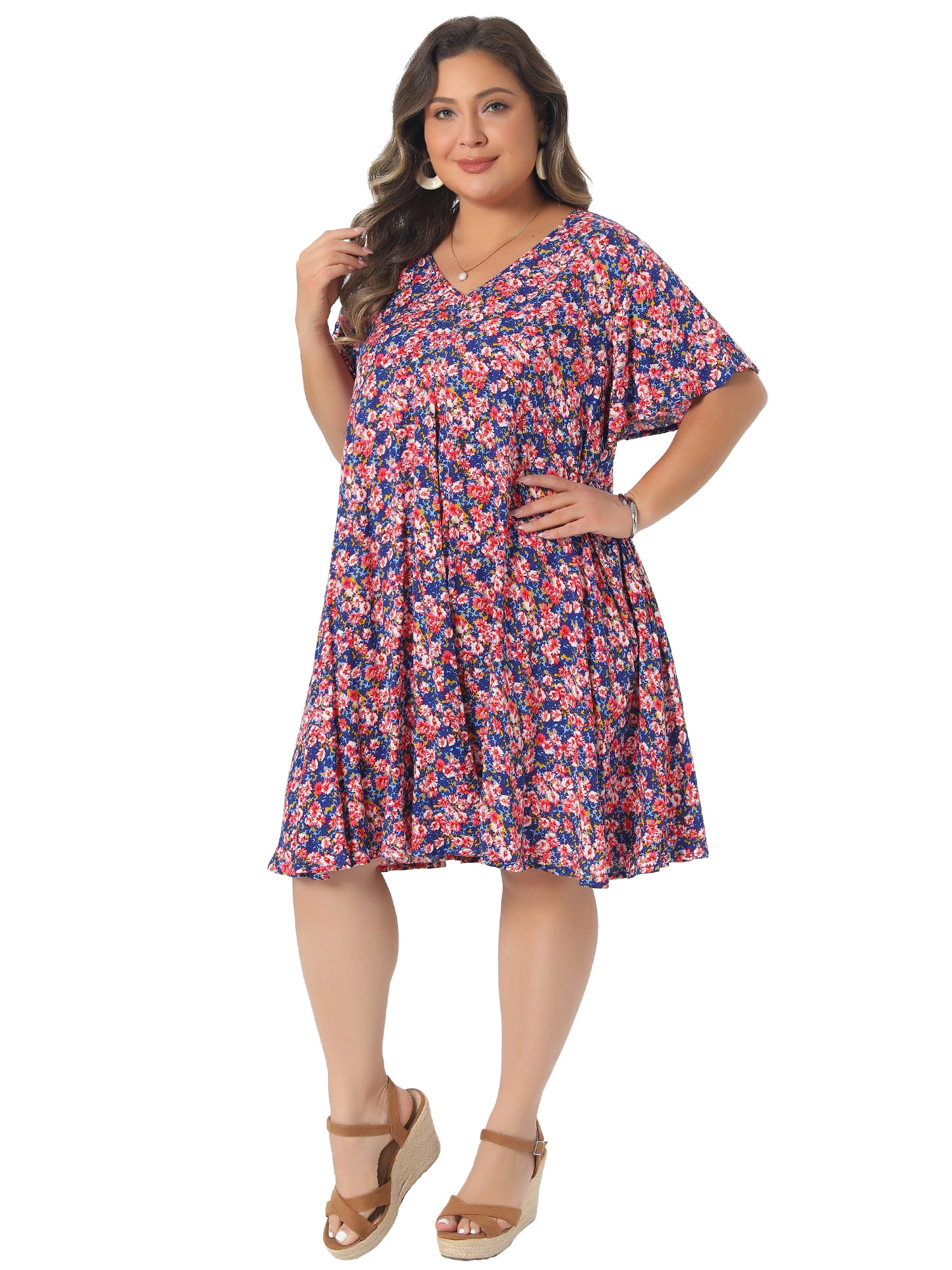 DARING DIVA Women's Plus Summer Short Sleeve V Neck Dress 2X Pink Blue