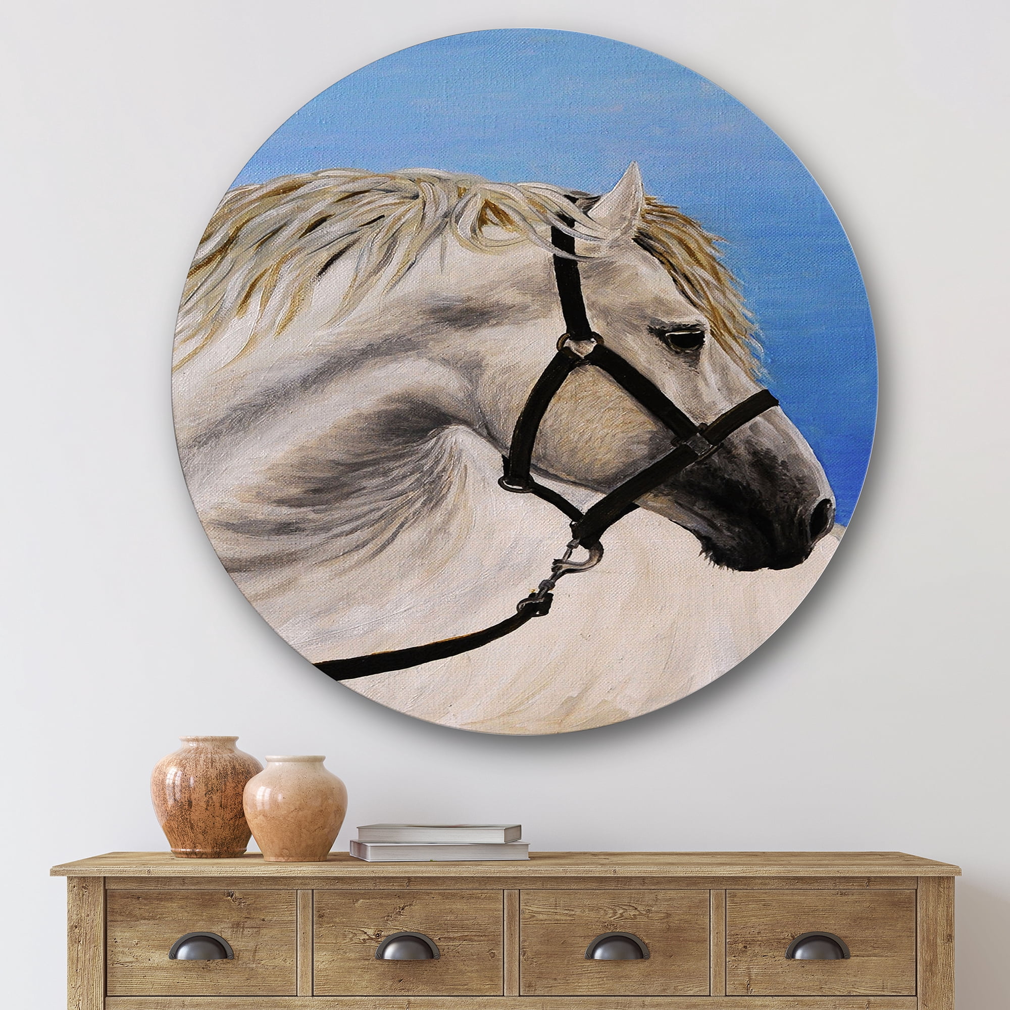 Designart 'Close Up Of White Horse In The Furrow' Farmhouse Circle Metal Wall Art 29x29 - Disc of 29