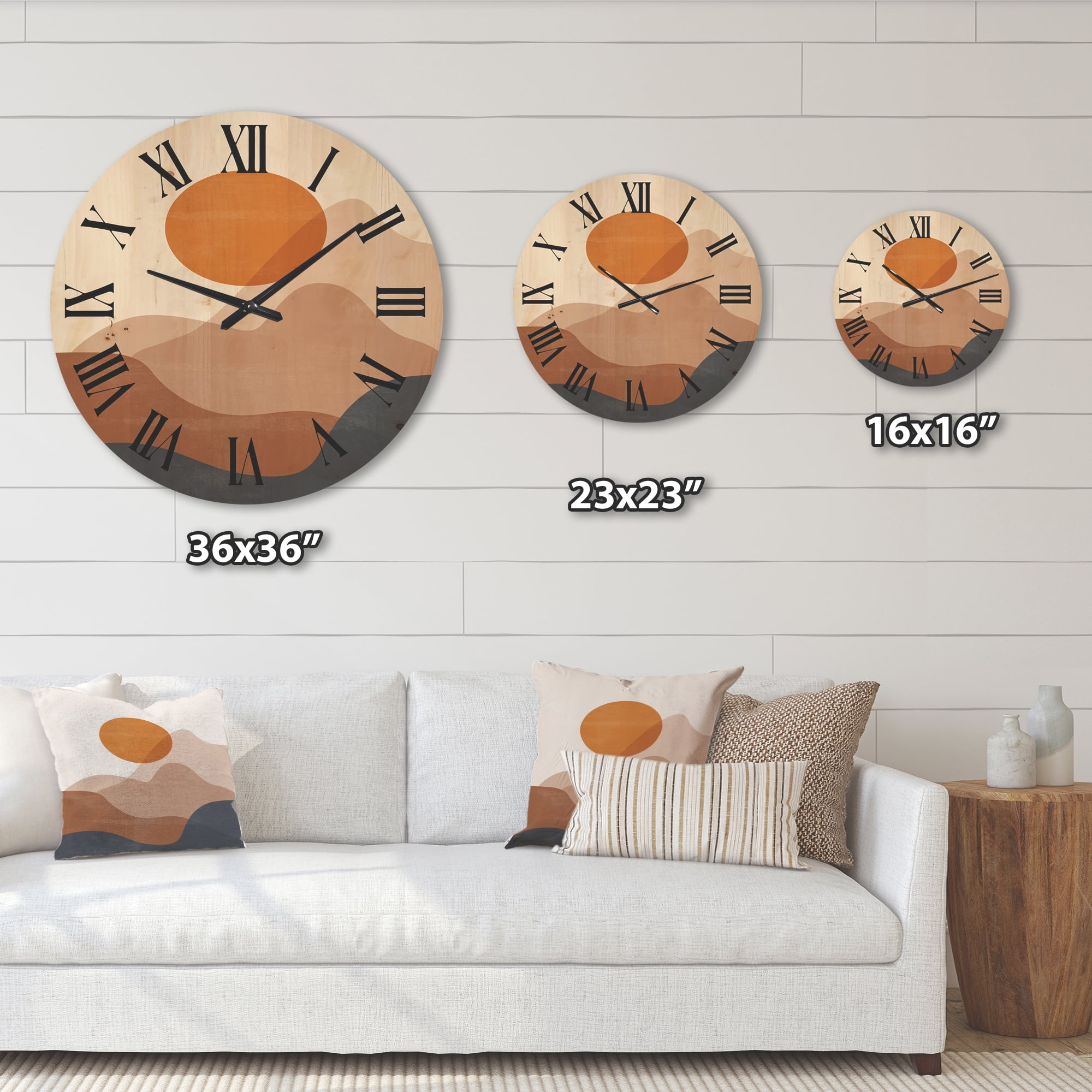 Designart 'Abstract Earth Toned Mountains With Red Moon II' Modern Wood Wall Clock