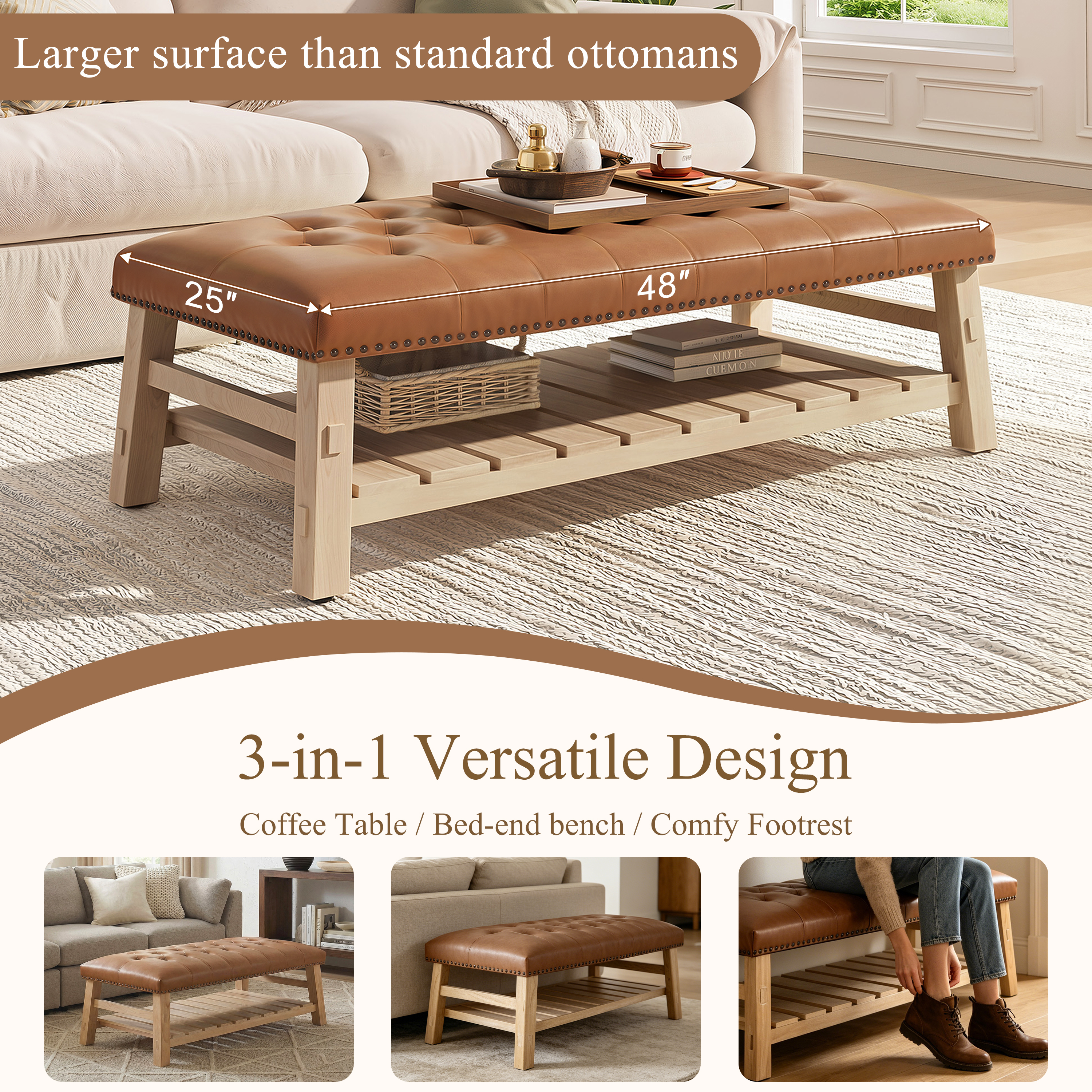 GARITIN Tufted Rectangle Ottoman 48 Inch, Large Upholstered Footstool Coffee Table with Slatted Storage Shelf and Nailhead Trim, Brown