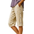 thumbnail image 5 of jjayotai Women's Casual Summer Bermuda Shorts Plaid Elastic Waist Shorts Button Deco Knee Length Long Shorts with Pockets, 5 of 6