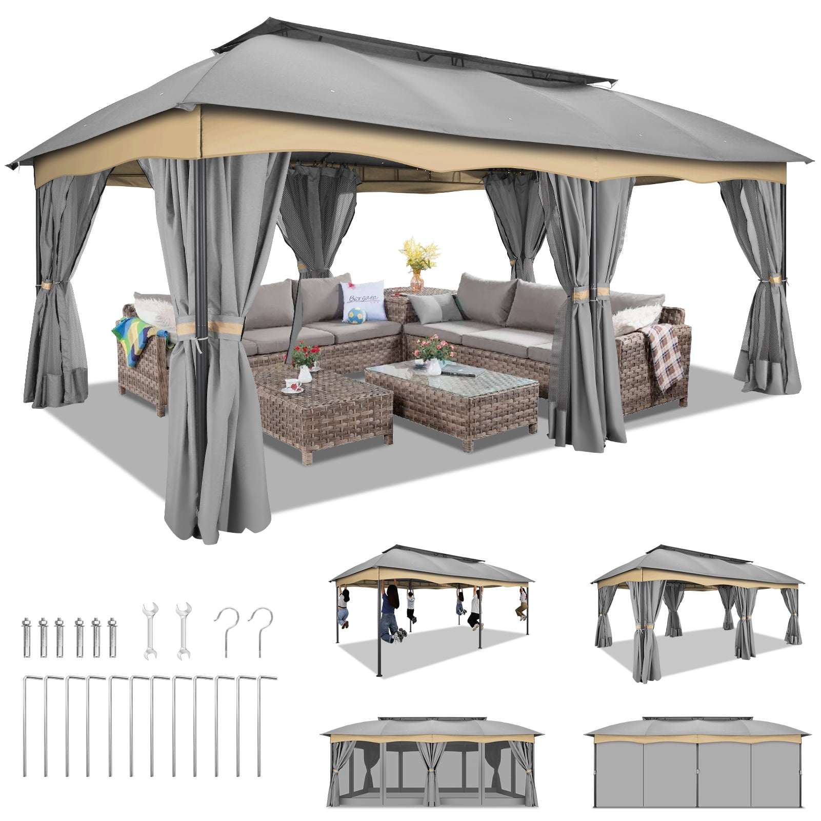COBIZI 12X20 Heavy Duty Gazebo Outdoor Gazebo with Mosquito Netting and Curtains, Canopy Tent Deck Gazebo with Double-Arc Roof Ventiation and Metal Steel Frame Suitable for Lawn, Backyard, Patio,Gray