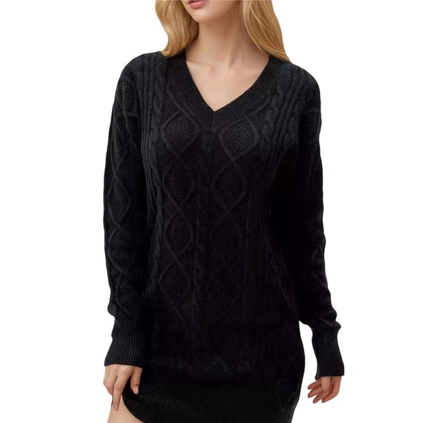Vestido Tipo Suéter con Cuello en V para Mujer, Estilo Suéter Tipo Túnica Holgado Informal de Larga con Punto y Larga para Otoño. Negro L