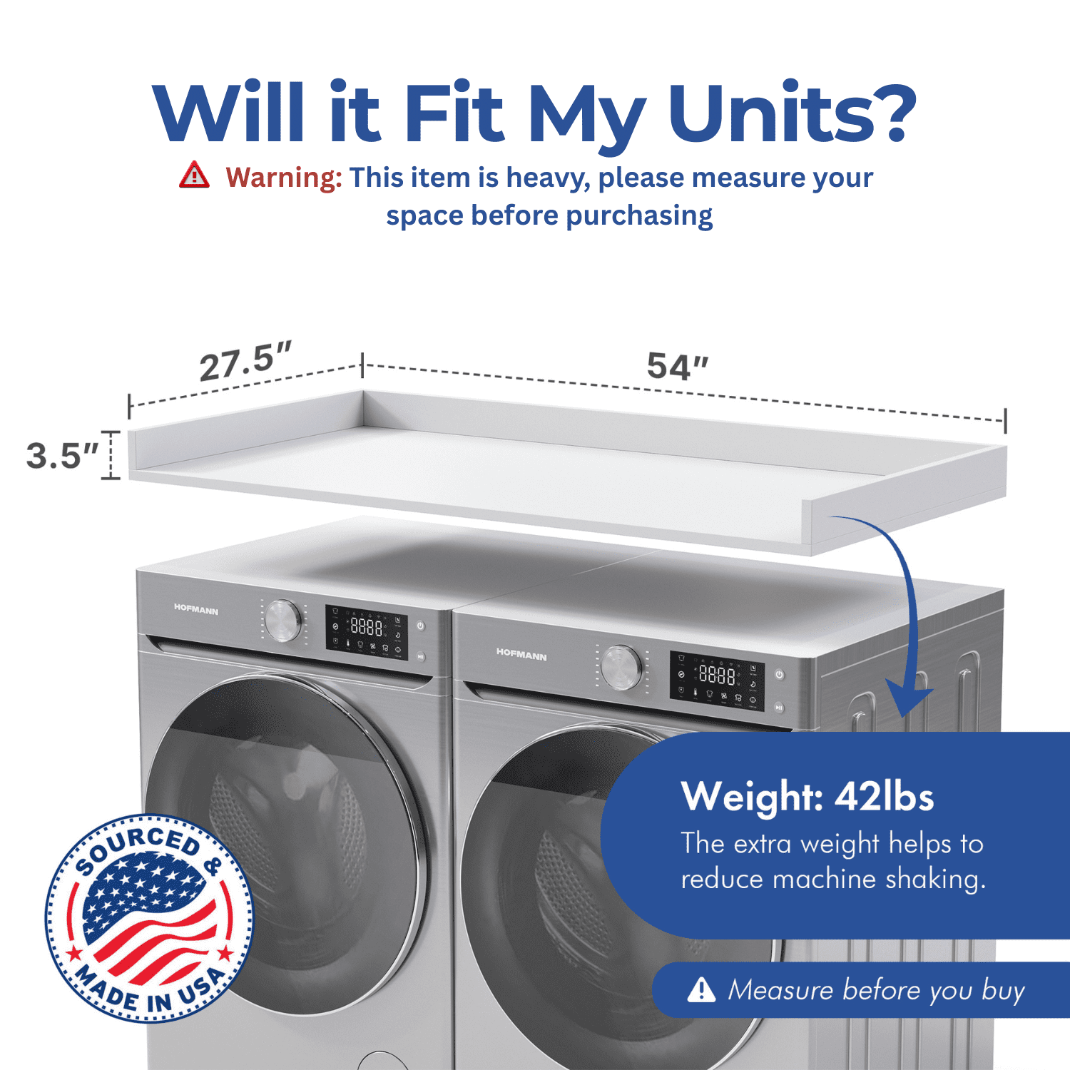OfficeSimpli Washer Dryer Countertop w Non-Slip Pads, Made in USA, Laundry Room Wood Topper, Washer Dryer Cover for Top, Laundry Guard, Laundry Countertop, Laminate Finish (Glacier White)