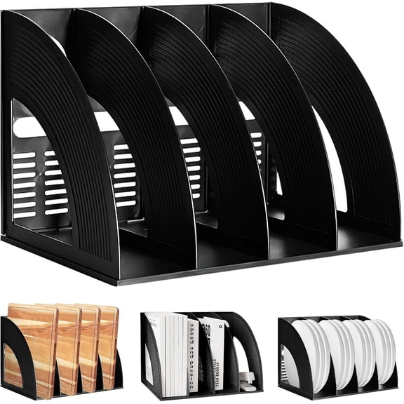 SAYEEC File Holder Storage Folder 4 Compartment Standing Desktop Hollow Organizer Black Files Shelf Frame Thicken Plastic Paper Notebook Magazine Bookstore for Office Supplier