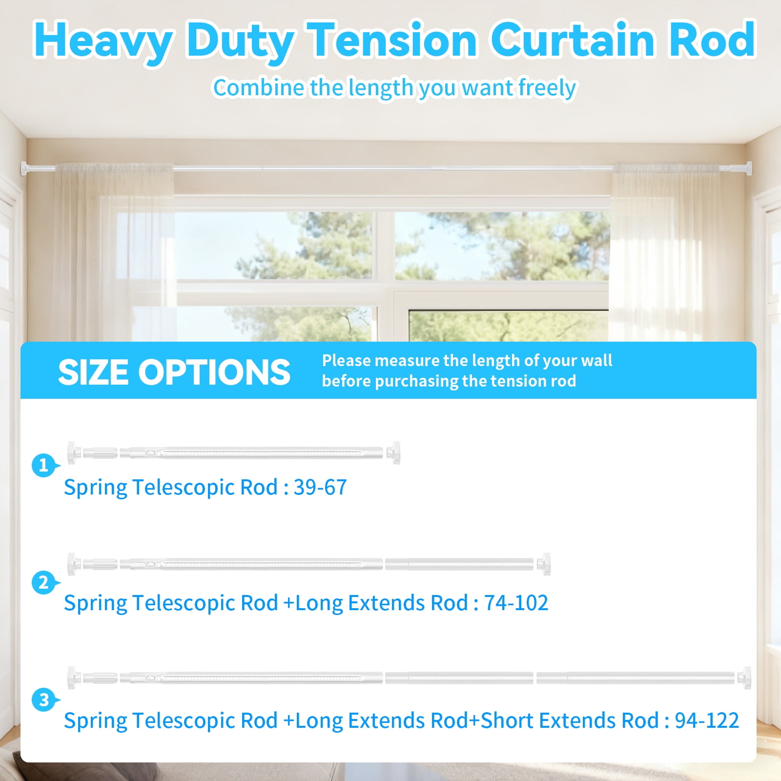 Ktinnead One-Push Tension Curtain Rod,94-122 in Extra Long Curtain Rods No Drill Adjustable Spring Shower Curtain Rod,Rustproof Steel for Window Patio Outdoor Bathroom,White