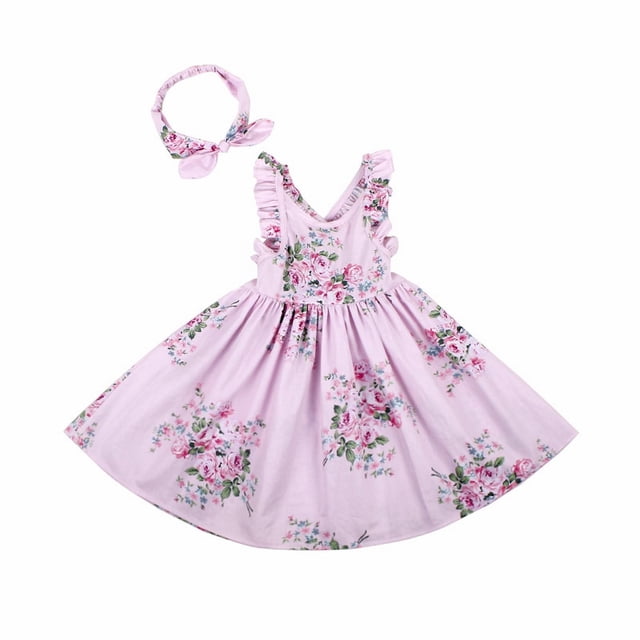 Robes pour Adolescentes Été Européen Imprimé Sans Manches Ourlet à Volants Robe Extra Longue Filles Rose 5-6 Ans