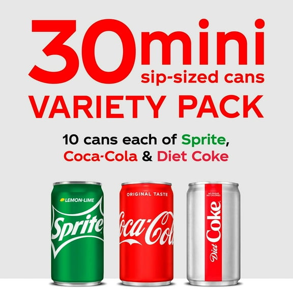 Coca-Cola Mini Can Variety Pack, 7.5 fl oz Cans, 30 Pack (10 Classic Coke, 10 Diet Coke, 10 Sprite) | Mini Soda Cans for Parties, Lunches
