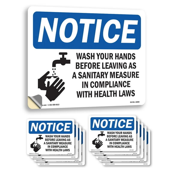 Wash Your Hands Before Leaving In Compliance OSHA Notice Vinyl Decal Label 10 Inch x 7 Inch - 10 Pack