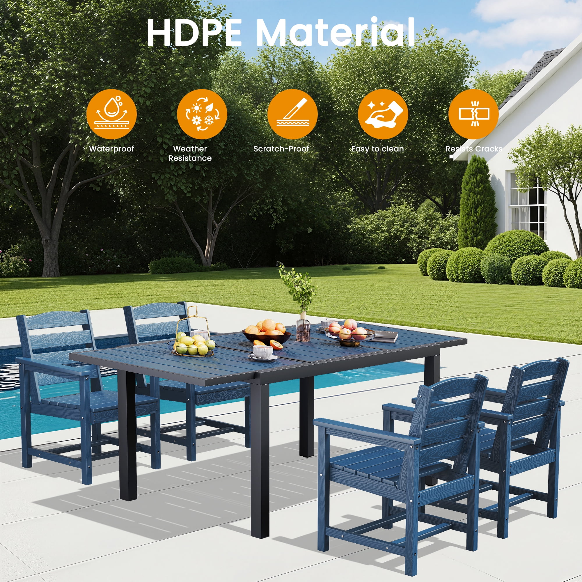 LOYALICE 9PC Expandable Outdoor Dining Set,Aluminum Expandable Patio Dining Table with 8 HDPE Chairs,Weather-Resistant Patio Furniture Set,Navy Blue