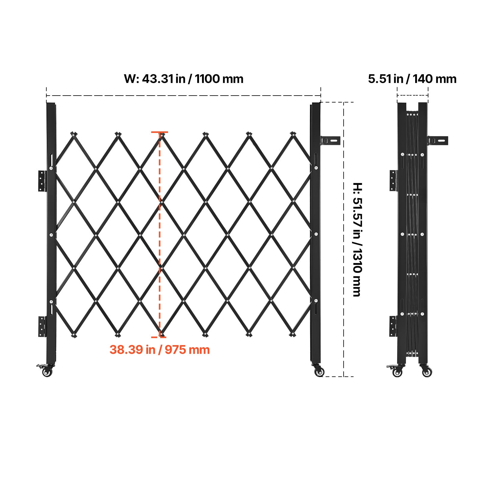 KFFKFF Single Folding Security Gate, Lockable Scissor Gate with Swivel Casters, Steel Retractable Gate for Entryways, Garages, Warehouses, and Pools, 43.31 x 51.57 in (W x H)