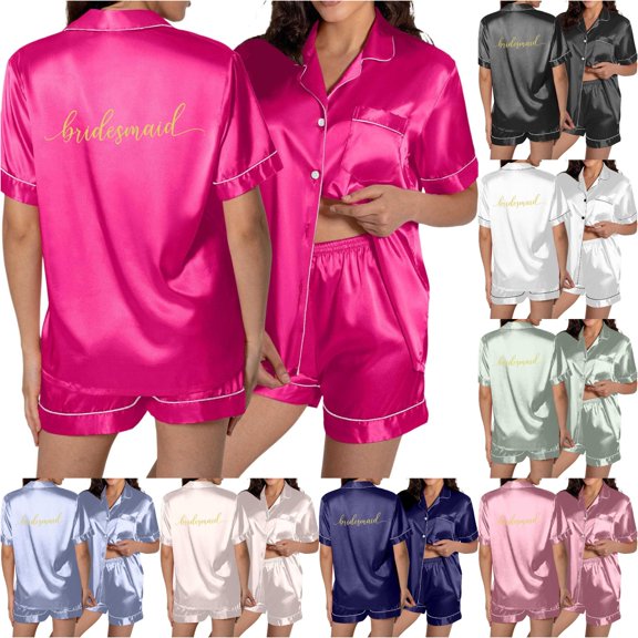 XIAONU Bridesmaid Print Satin Pajama Sets for Women Short Sleeve Notch Collar Shorts Loungewear Pajamas