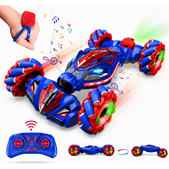 MEHOOM Remote Control Car for Kids Ages 3-12, 2.4GHz RC Stunt Car with Gesture Sensing, 360° Rotating Fast RC Car, LED Lights, Sounds & Mist Spray
