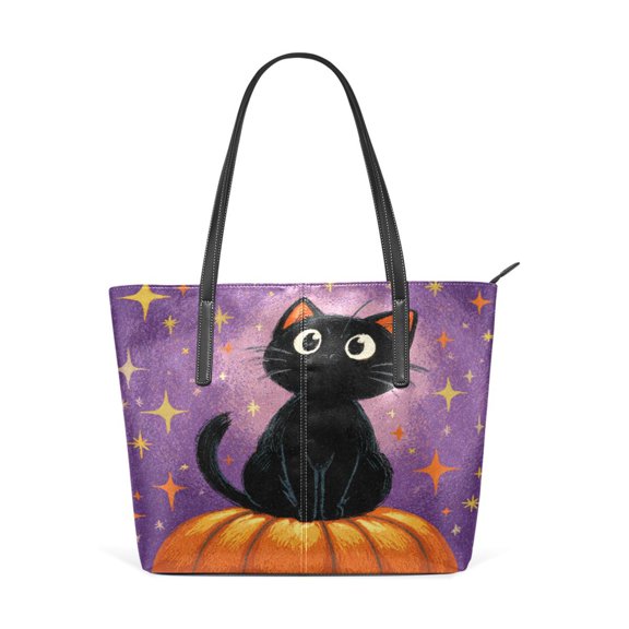 Tote Bag Aesthetic leather Handbags with Zipper for Women Travel Shoulder Bags Purses with compartment. Starry Cute Black Cat
