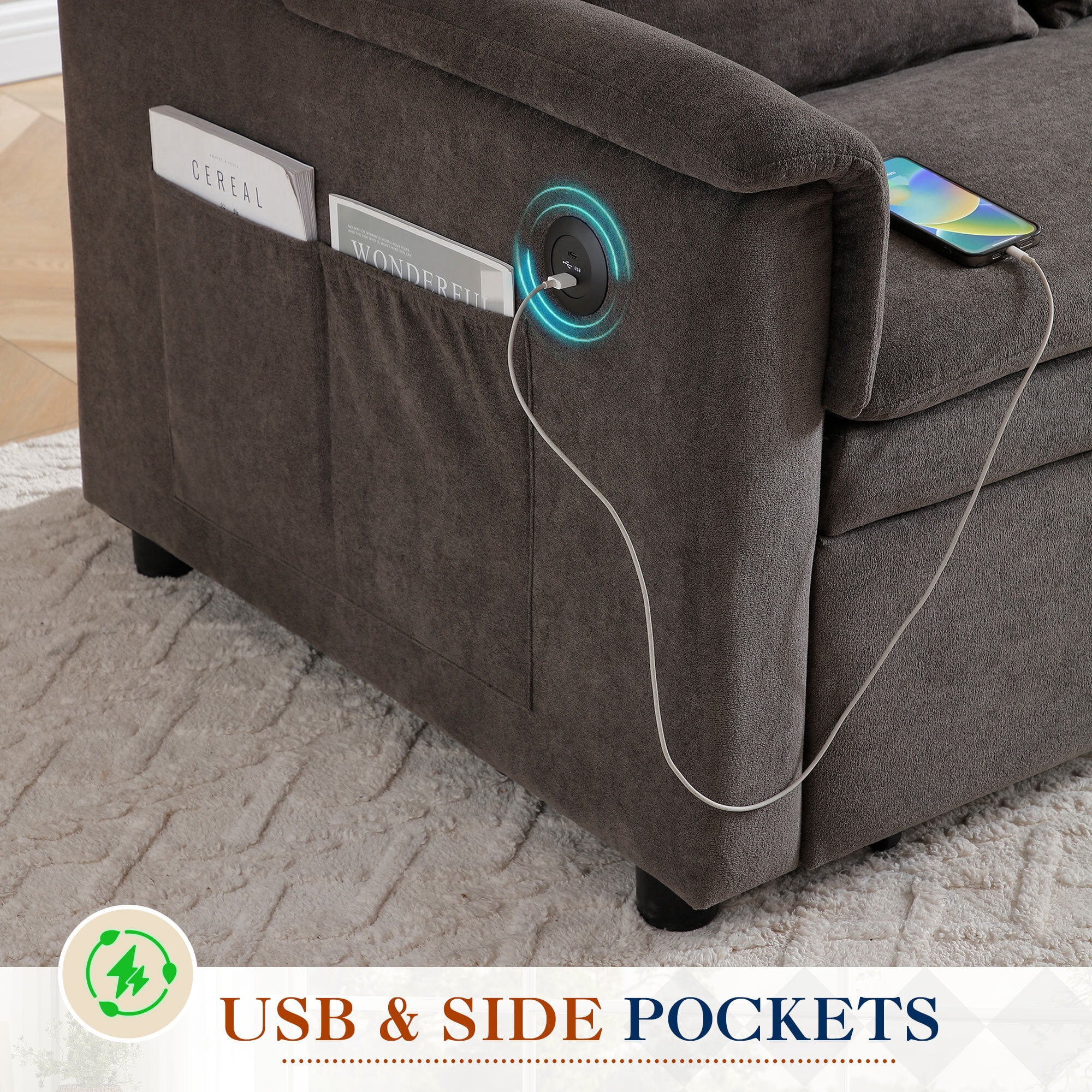 Lunale Convertible Sofa Bed with USB, 55" Loveseat Sleeper for Living Room, Apt, Gray Velvet