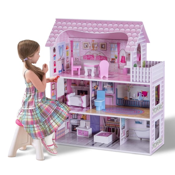 Casa de Muñecas Costway 3 Pisos con Muebles Mobiliarios para Niños