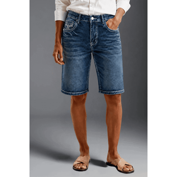 Women’s High Waisted Denim Bermuda Shorts, Double Button Rolled Cuff Distressed Stretch Denim Knee‑Length Shorts