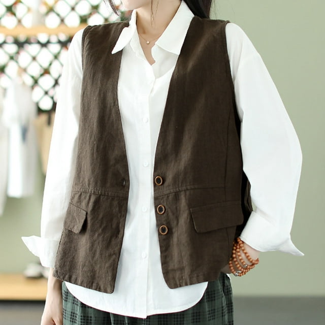 Mareep Blouses Sans Manches pour Femmes M-2TG Veste Ample en Coton Sergé Rétro