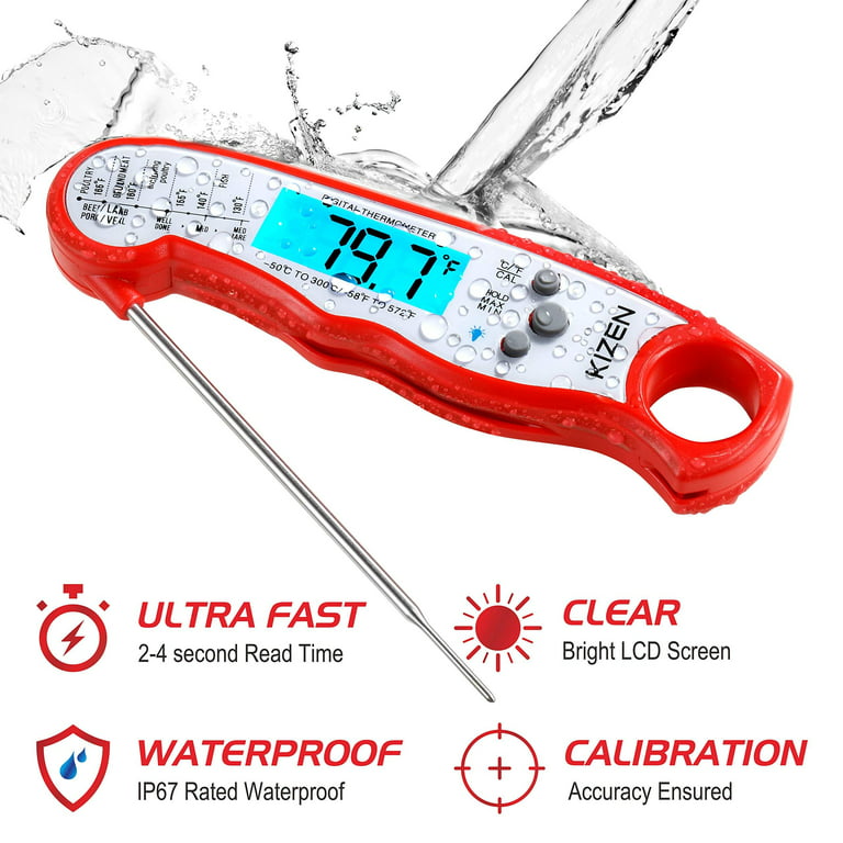 Kizen Instant Read Meat Thermometer - Best Waterproof Ultra Fast Thermometer  with Backlight & Calibration.