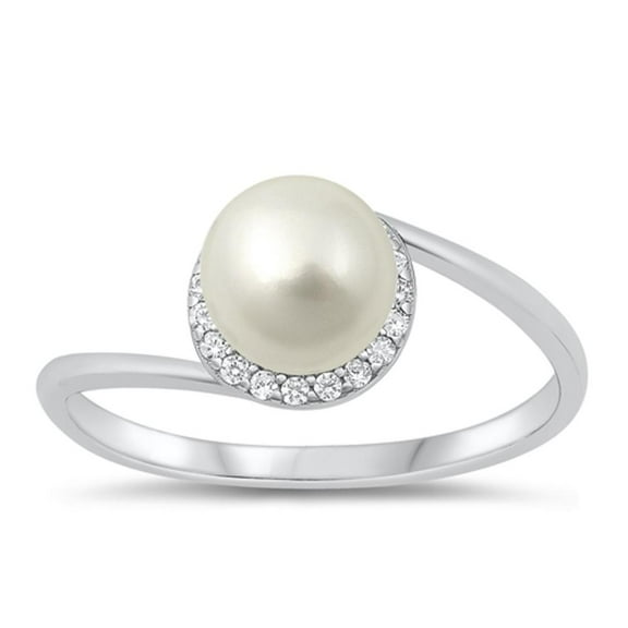 Freshwater Simulated Pearl Halo Ring .925 Sterling Silver Engagement Band White CZ Female Size 7