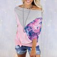 thumbnail image 2 of Camiseta informal holgada de contraste de empalme con estampado de cuello de una línea para mujer, camiseta de manga larga con hombros inclinados/camisa Pompotops FGAJ20301, 2 of 9