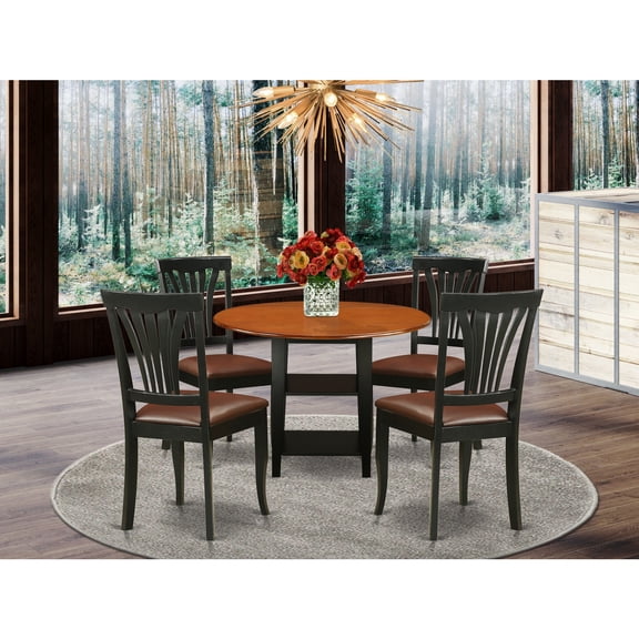 East West Furniture Sudbury 5-piece Wood Dining Set with Leather Chairs in Black