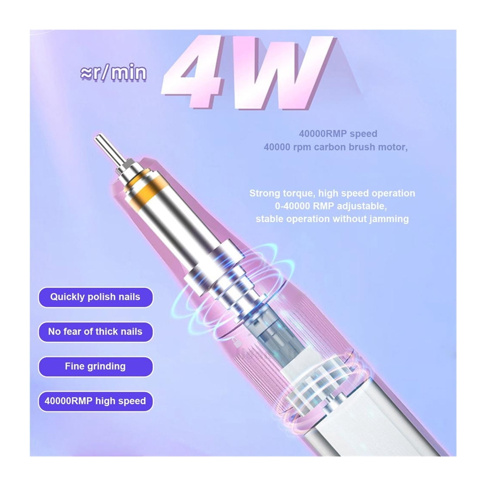 Electric Nail Drill Machine, 40000 Rpm Portable Professional Rechargeable Stable Low Noise Aluminum Alloy Nail Drills ,Low Noise