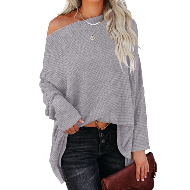 Suéter De Punto Batwing Manga Larga Un Hombro Color Puro Tops Casuales De Moda para Mujer Gris XL