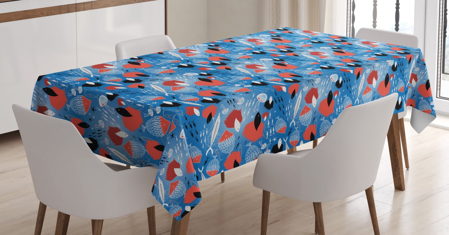 Marine Tablecloth, Silhouette of Exotic Aquatic Animals Fish and