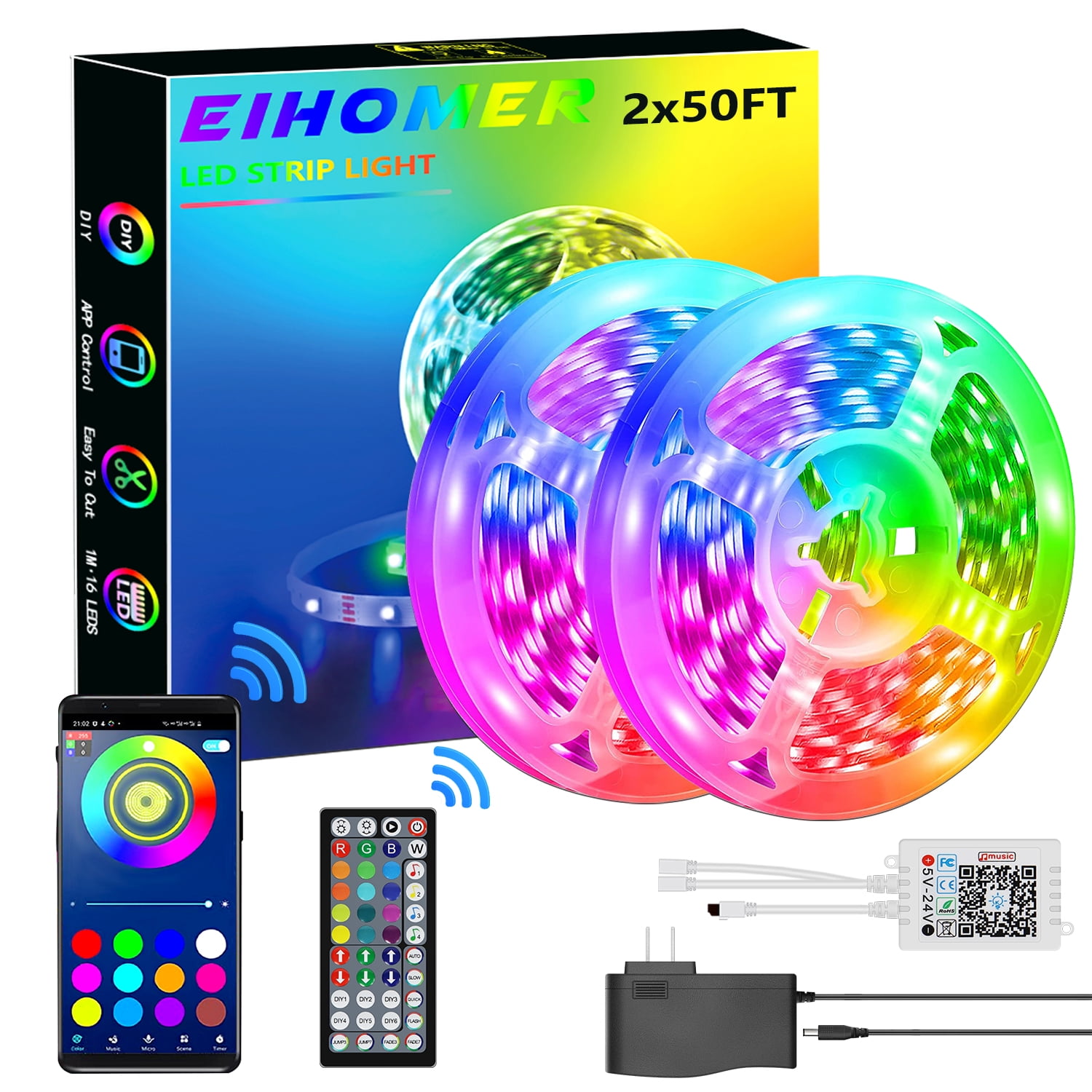 100FT/30M LED Strip 5050 RGB Multicolor Flexible LED Rope Lights with Remote and 24V Power Supply for Bedroom, Drawing Room, Kitchen (2 Roll X 50ft) - Walmart.com