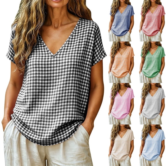 Josdec Women's Spring Summer Gingham Checkered V-Neck Short Sleeve Casual Loose T-Shirt Top for Business and Casual Daily Wear S-XXL