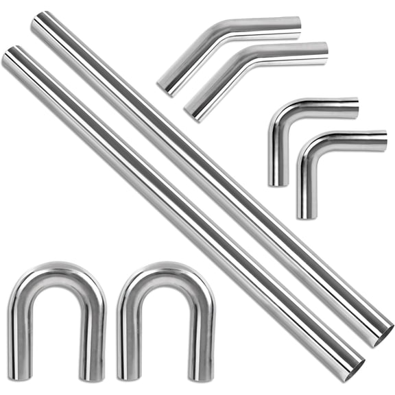 Richeer 2.5 inch O.D. T304 Stainless Steel DIY Custom Exhaust Tubing Mandrel Bend Exhaust Pipe Straight & U-bend Kit (45/90/180 Degree Set of 8) Polished Surface, Universal Fit