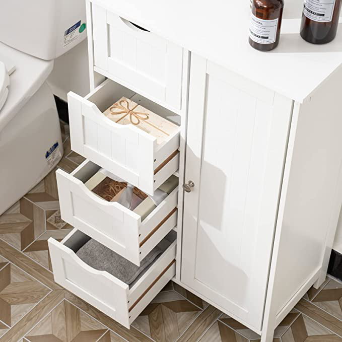 SUGIFT 4 Drawer Storage Cabinet, Wooden Bathroom Cabinet Storage Cupboard 2  Shelves, White