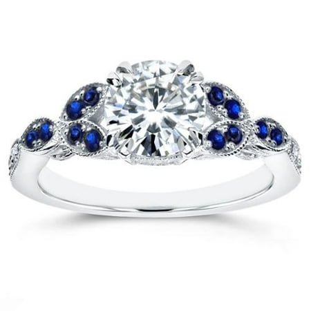 Diamond Accent Floral Ring (Annello by Kobelli 14k White Gold 1 1/5ct TGW Moissanite and Blue Sapphire, Diamond Accented Vintage Floral Engagement)