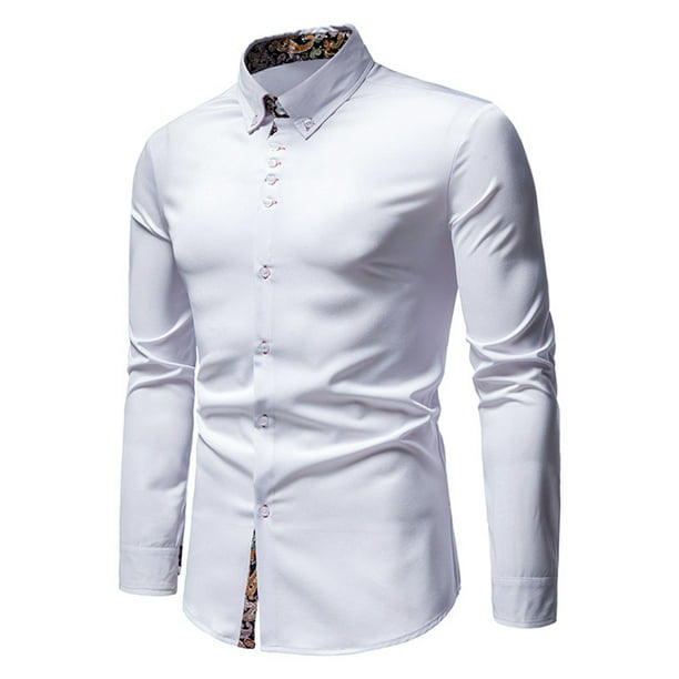 PEZHADA Mens Casual Button-down Shirts Big and Tall Work Shirts New  Long-sleeved Lapel Business Men Long Sleeve Turndown Collar Blouse White