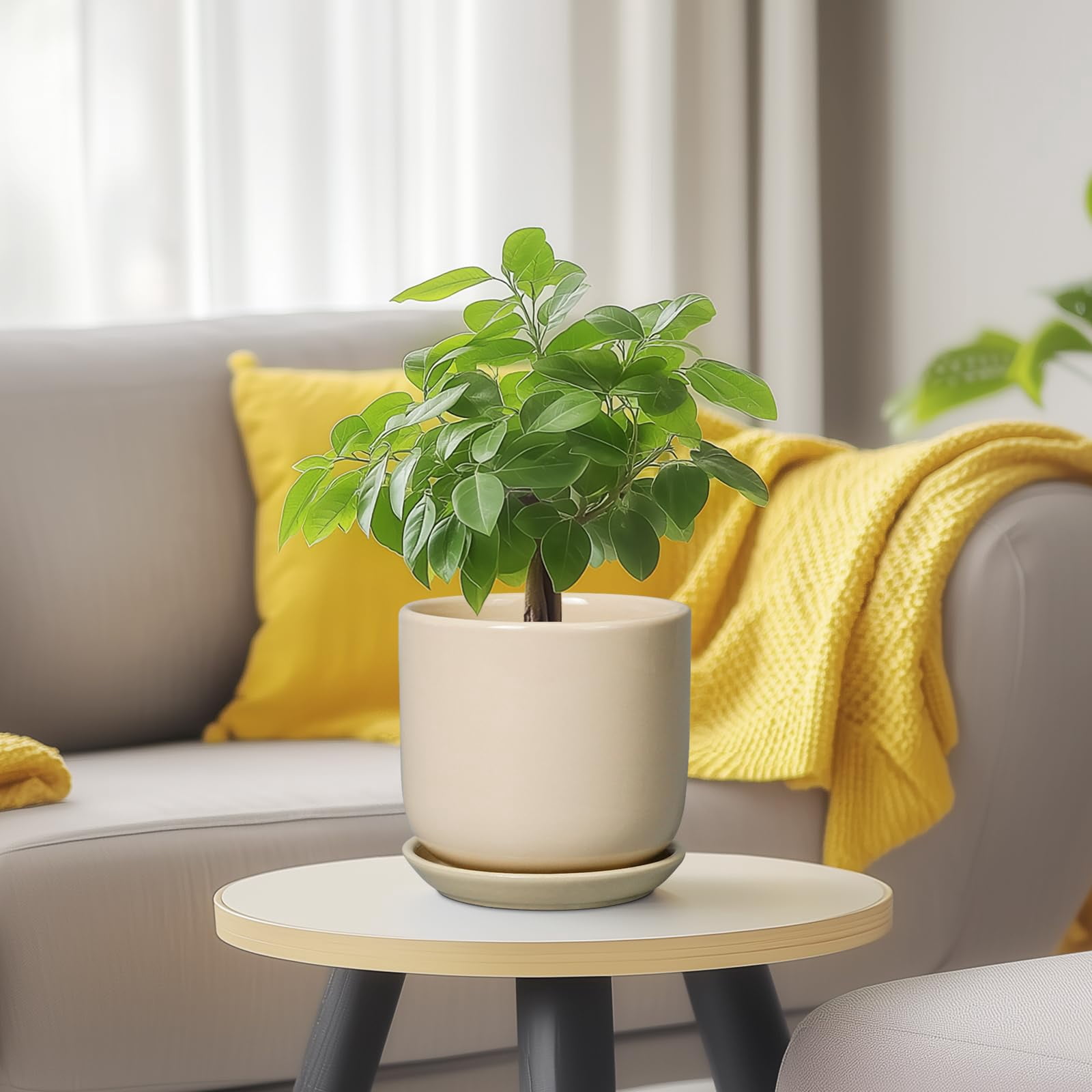 10 Inch Ceramic Planter with Drainage Hole and Saucer – Large Indoor Outdoor Flower Pot for Home Decor, Modern White Plant Pot