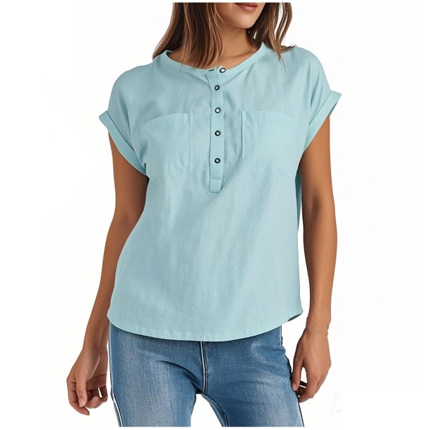 Vestidos Casuales Para Mujer, Blusas De Mujer De Moda Camisa de botones lisa de moda para mujer, blusa holgada con cuello redondo