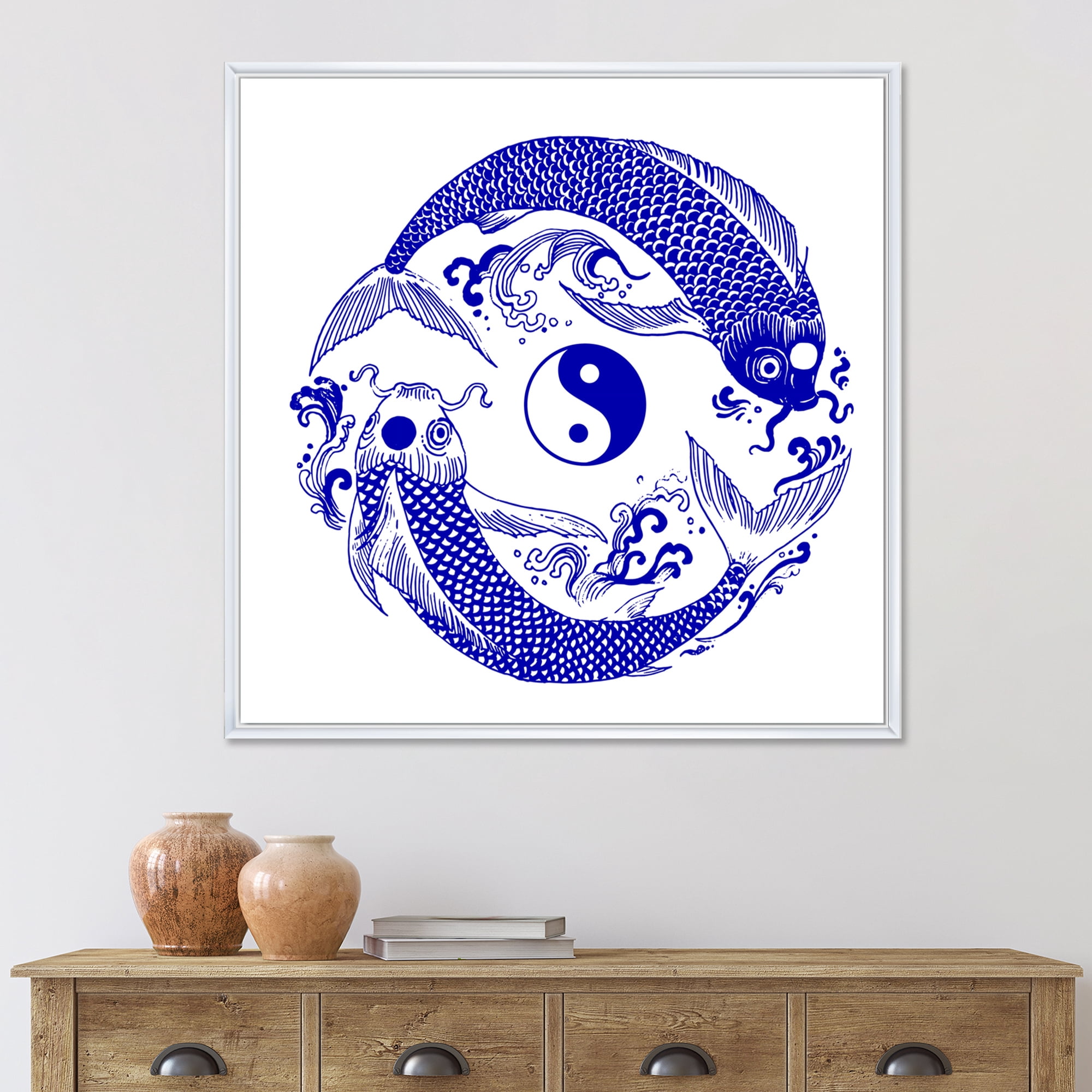 Designart 'Blue Chinoiserie Koi Fish II' Traditional Framed Canvas Wall Art Print