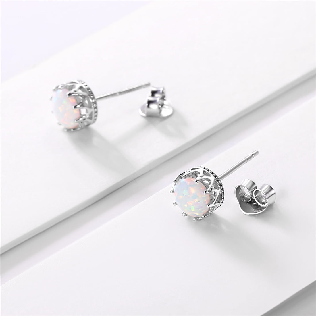ChicSilver Round Crown Stud Earrings for Women 925 Sterling Silver Created White Opal Zircon Studs Jewelry Gift Hypoallergenic Earrings for Sensitive Ears