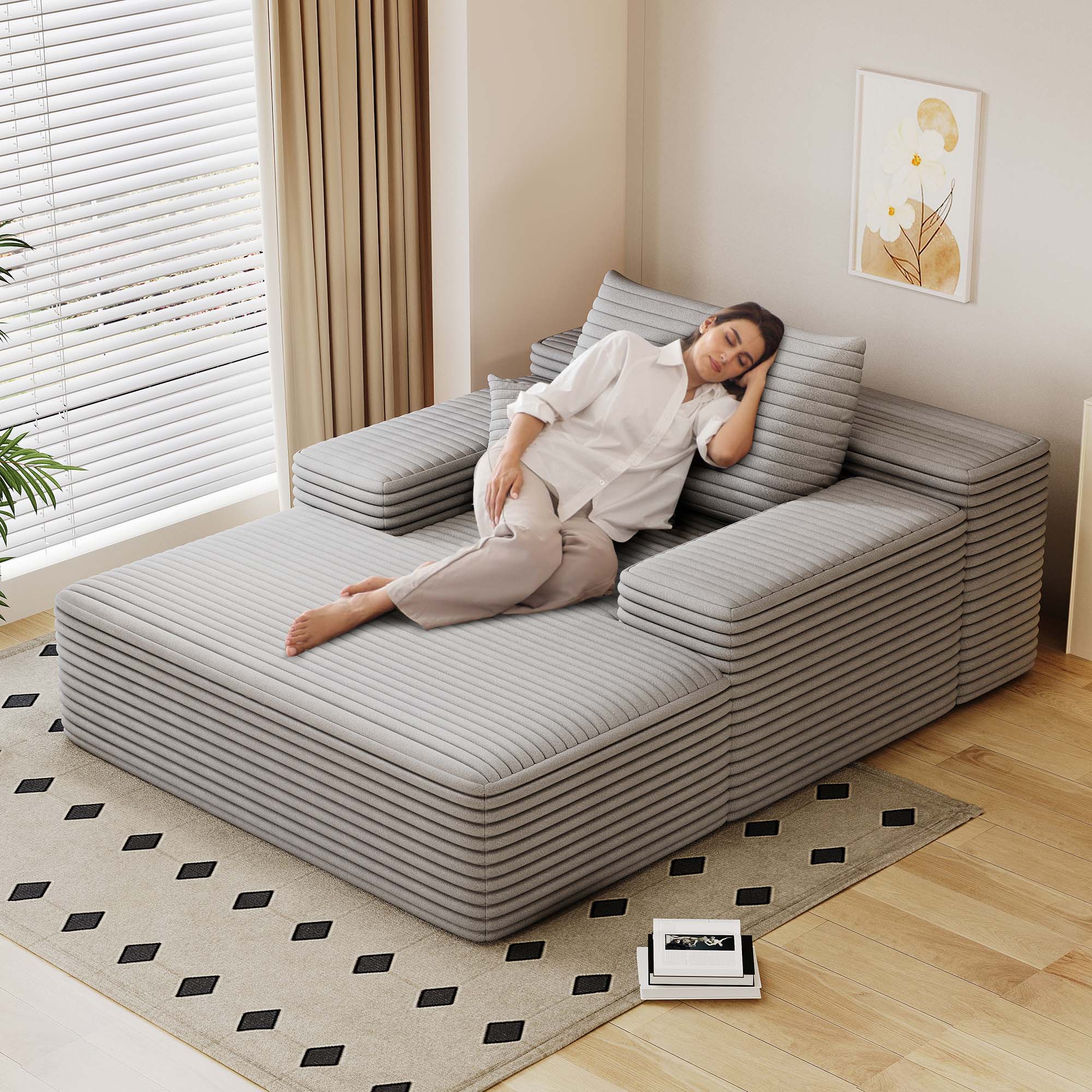 Miniyam 68 x 51" Oversized Chaise Lounge Chair Indoor, Upholstered Sleeper Reading Chairs with 2 Pillows for Living Room, Grey