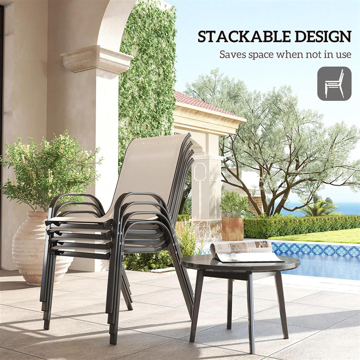 Demi Bonn Outdoor Dining Chairs Set of 4, Stackable Patio Chair with High Back, Breathable Mesh Seat for Garden, Backyard, Deck, Porch, Lawn, Beige