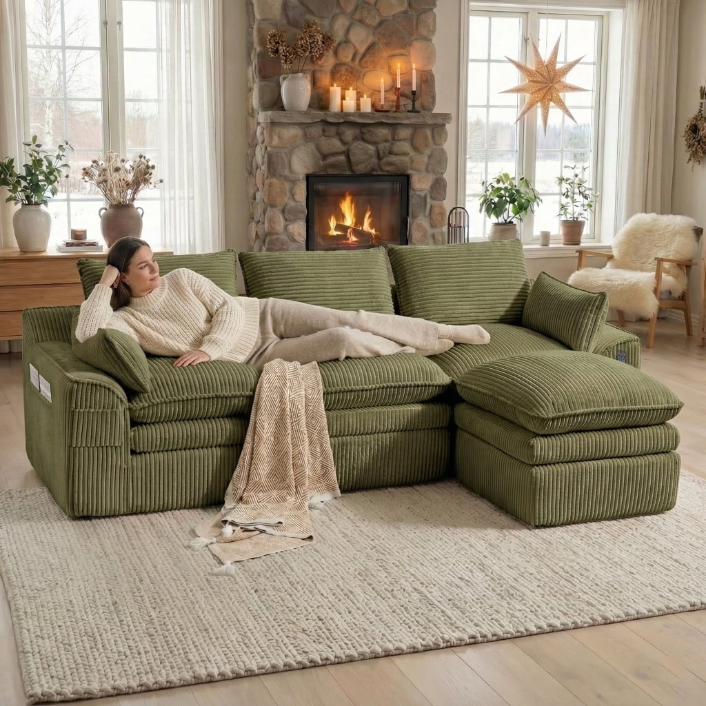 104" Modern Modular L-Shaped Sectional Cloud Sofa, Compressed Corduroy Floor Couch with Movable Ottoman