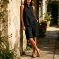 thumbnail image 5 of Guieoi Matching Tank and Shorts Set Summer Loose-Fit Casual Cotton-Linen Collared Sleeveless Half-Button Outfit Black S, 5 of 7
