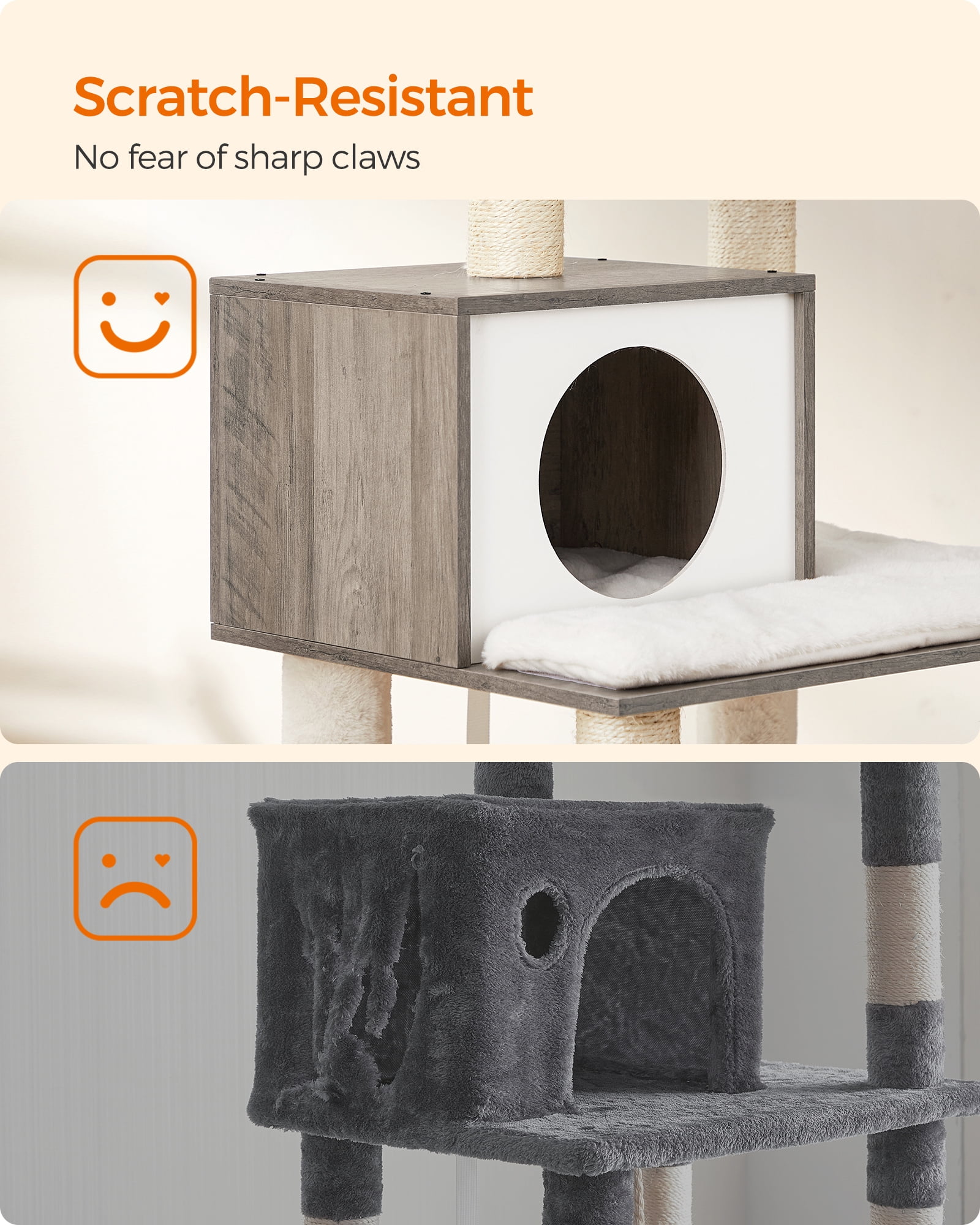Cat Tree, 54.3-Inch Cat Tower with Scratching Posts, Hammock, Cat Cave, Padded Perches, Wooden Cat Condo, Heather Greige
