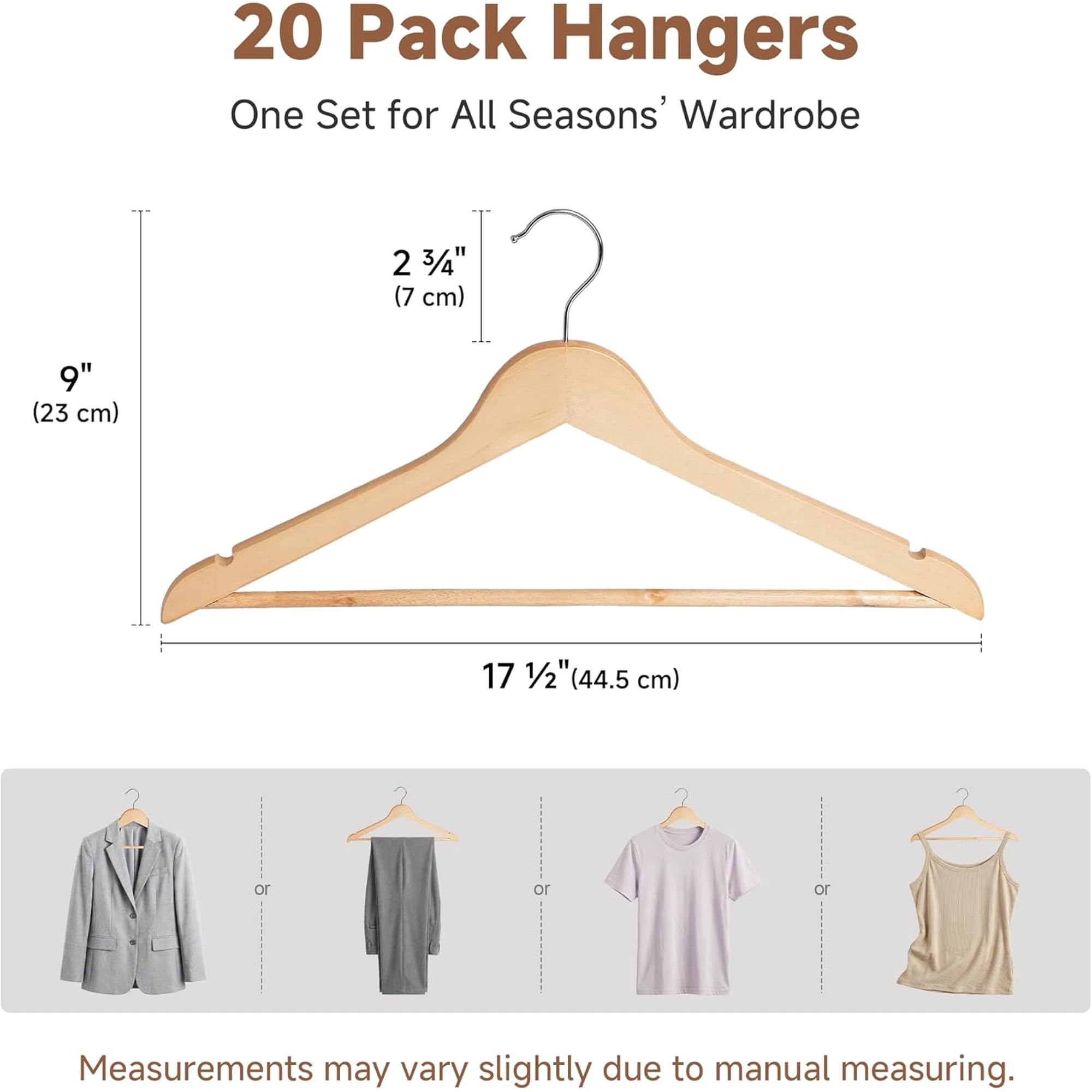 StorageWorks Wooden Hangers 20-Pack, Heavy Duty Solid Wood Coat Hangers with 360 ° Swivel Hook, Non-Slip Pant Bar, Smooth Finish Clothes Hangers, Natural