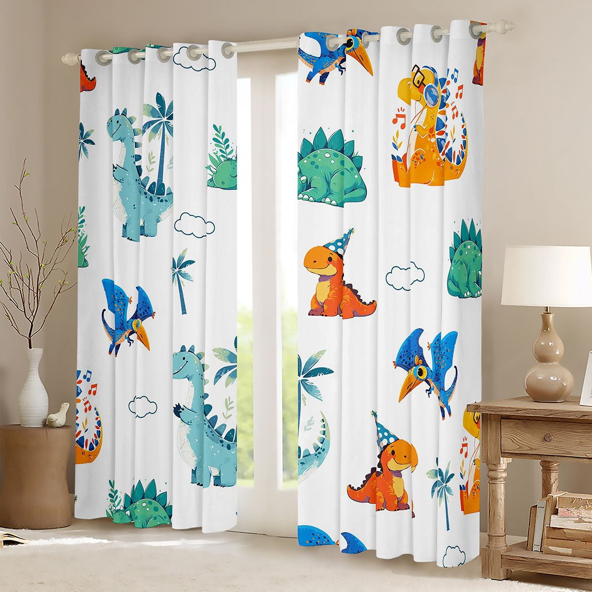 Homewish Cute Dino Curtains Pack of 2 (42x84 Each),Cartoon Dinosaur Curtains Blackout,White Blue Orange Bedroom Curtains For Boys Teens,Breathable Home Decor
